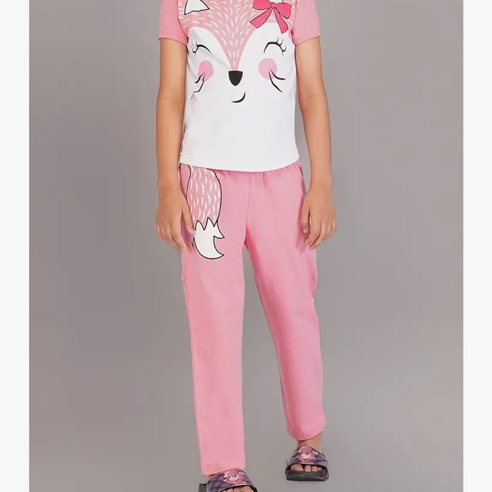 SHEIN Pink and White Pajama Set with Cute Animal Design